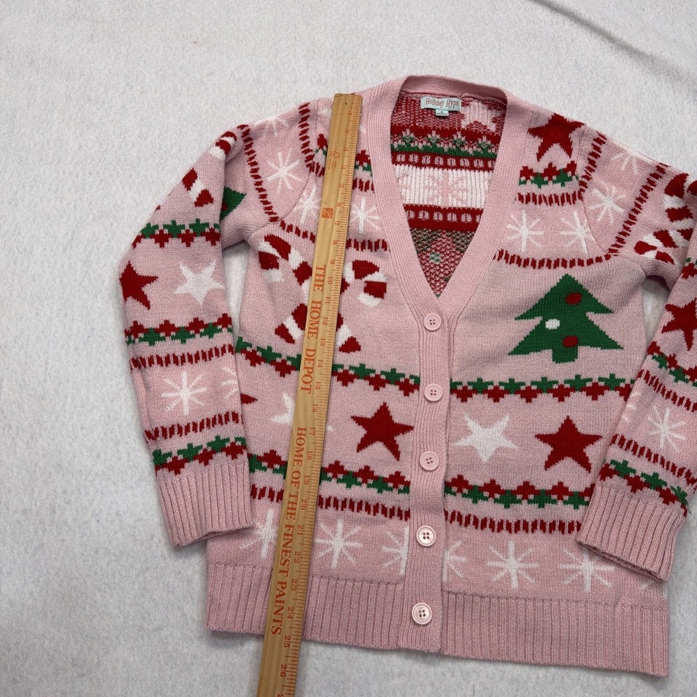 Holiday Hype Pink‎ Christmas Cardigan Sweater size Small Candy Canes Stars Trees - Picture 7 of 14